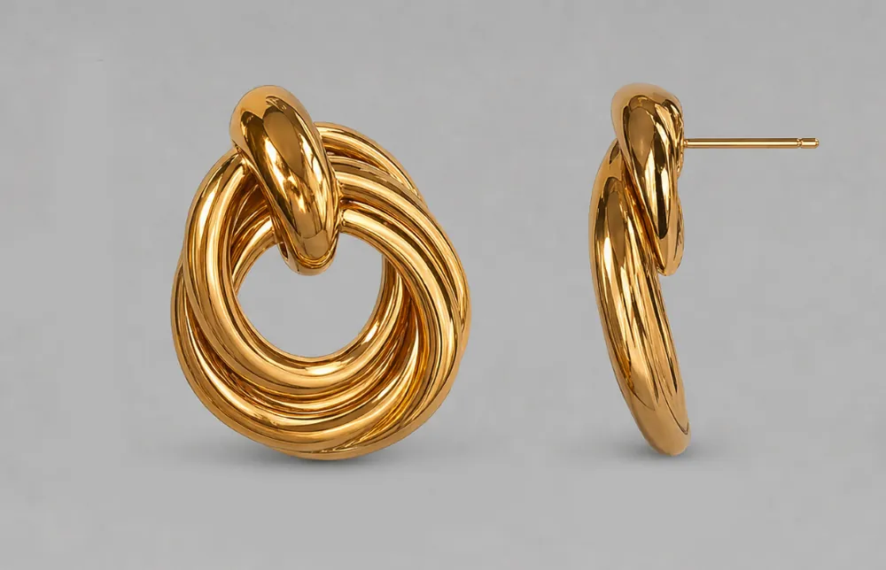 Twisted gold hoop earring, front and side view