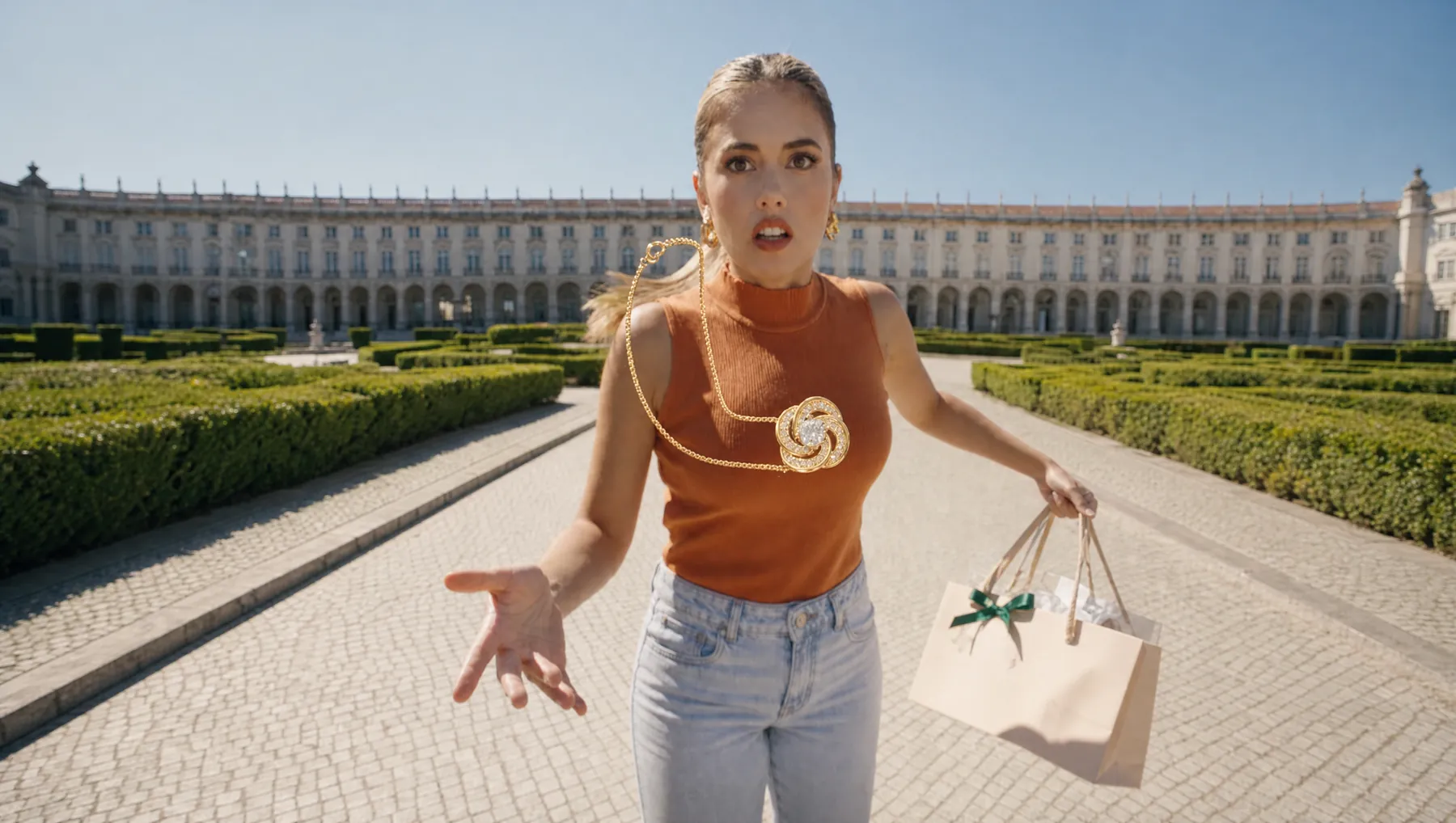 The character from the Jessli video with the open necklace floating in front of her chest
